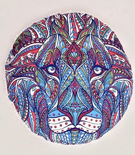 Indian King Of Beast Tribal Rasta Lion Round Cushion Pouf Cover Floor Seating Boho Pom Pom Pillow Sham 32"