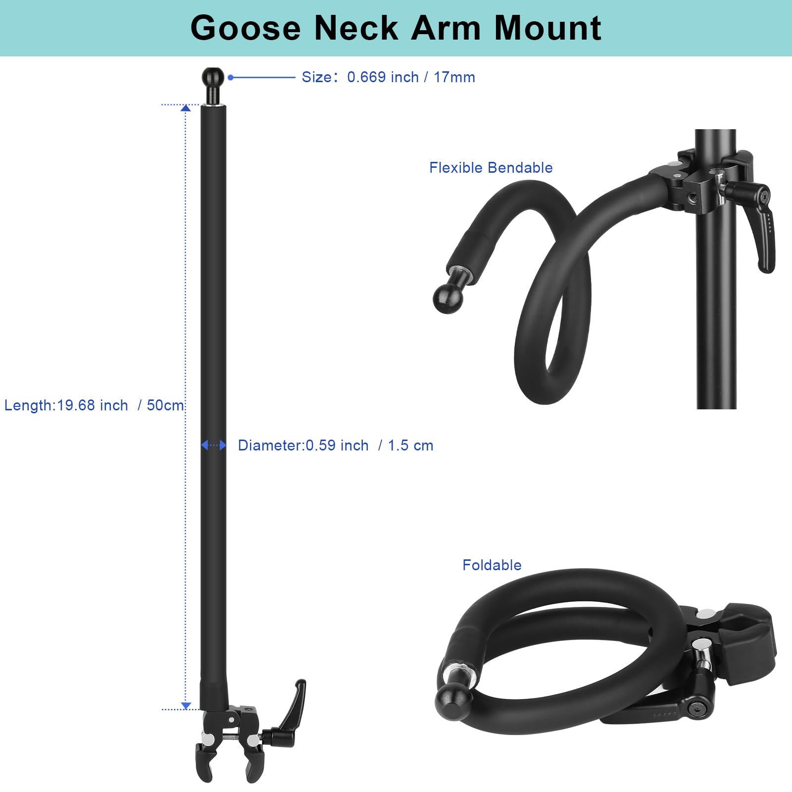 Mippko Gooseneck Phone Holder for Mic Stand/Music Stand/Stroller/Treadmill/Spin Bike/Exercise Bicycle,50 cm Long Flexible Gooseneck Arm Super Crab Clamp Mount,Compatible with 3.5~7.5