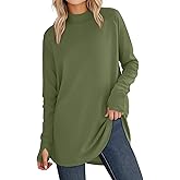 JUSTFASHIONNOW Tunic Tops for Women Casual Long Sleeve Turtle Neck Shirts Thumb Hole Curved Hem Tops Fall Fashion