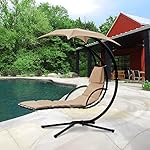 Cloud Mountain Hanging Chaise Lounger Chair Air Porch Floating Swing Hammock Chair With Arc Stand and Canopy Umbrella, Beige