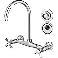 Airuida Chrome Polish Wall Mounted Kitchen Sink Faucet Wall Mounted Commercial Kitchen Faucet Wall Mount 8 Inches Center Faucet, 360 Degree Swivel Spout Mixer Laundry Restaurat Tap with Female Thread