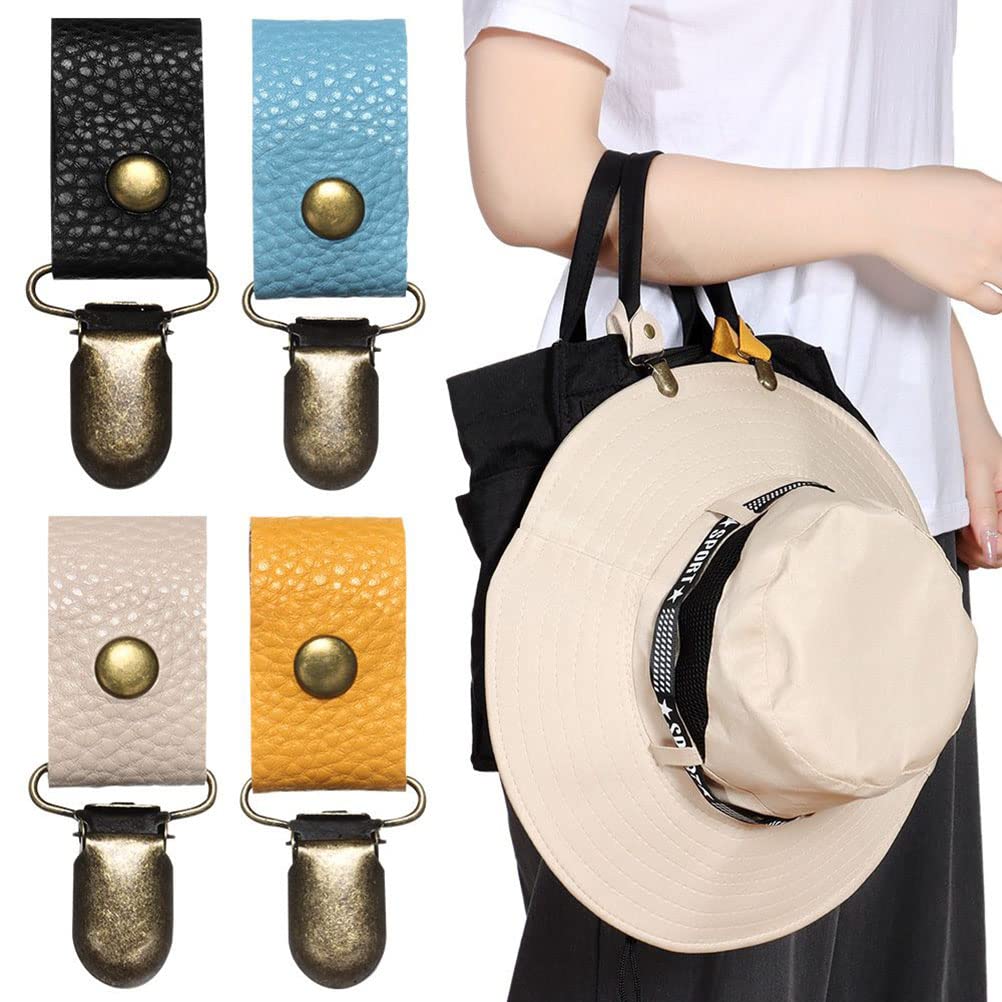 Bagima Travel Hat Clip, 4Pcs Portable Hat Holder, 12 * 2.5cm Leather Handbag Cap Retainer Clips Pocket Duckbill Hat for Outdoor Travel Accessories