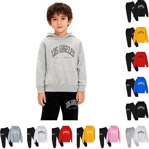 OUMSHBI Kids Tracksuit Full Set Boys Girls Los Angeles Letter Print Long Sleeve Hooded Sweatshirt And Sweatpants Jogging Set 2 Piece Sweatsuits For Boys Girls Oversized Athletic Hoodie Joggers Sets