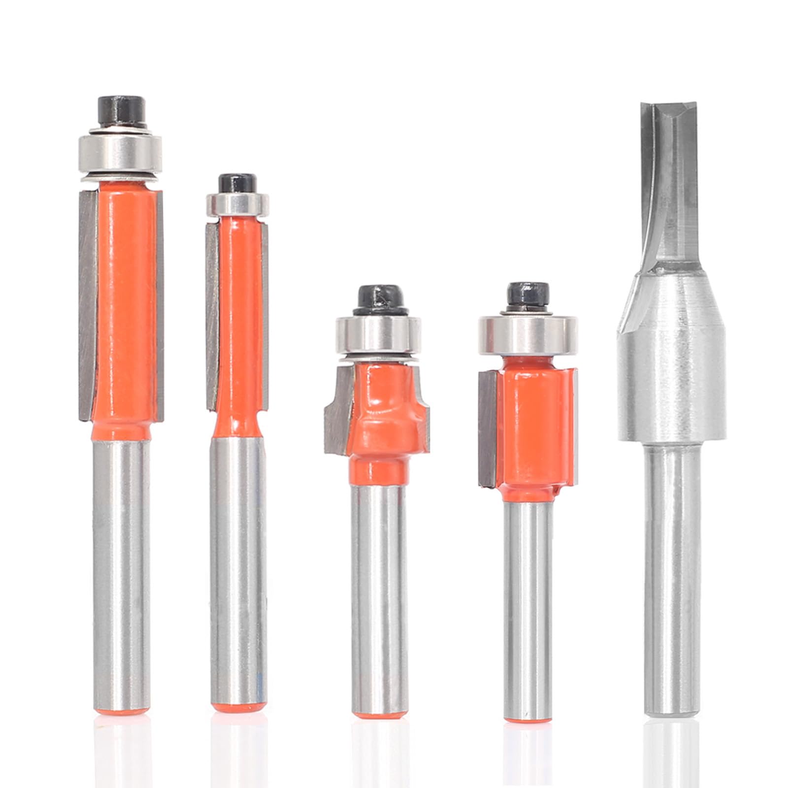 Sinoprotools 5Pcs Flush Trim Router Bit Set 1/4 Shank,Top Bearing Template Flush Cut Trim Router Bit, Carbide Tipped,Pattern Router Bit, Ideal for Woodworking Trimming