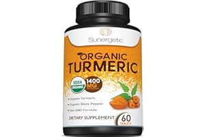 SUNERGETIC USDA Certified Organic Turmeric Supplement – Includes Organic Turmeric & Organic Black Pepper – 1,400mg of Turmeric per Serving - 60 Count (Pack of 1)