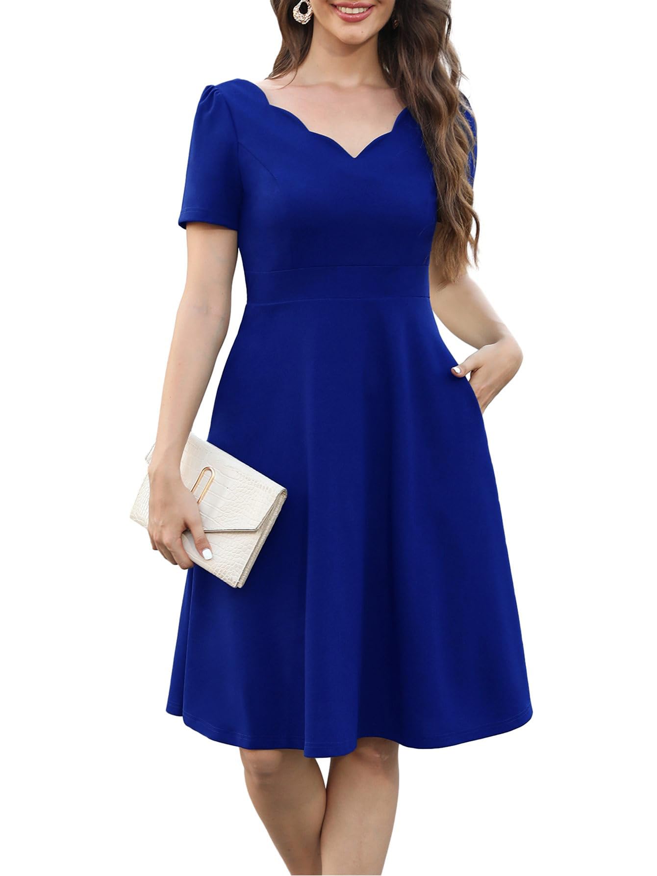 Photo 1 of ****STOCK PHOTO AS REFERENCE****
Cocktail Dresses for Womens Petite Elegant 1950's Vintage Scallop Trim V-Neck Casual Swing A Line Work Dress with Pockets 755 Royal Blue L