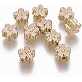 LiQunSweet 10 Pcs Brass Enamel Pink 5 Petals Floral Flower Beads Spacer Loose Beads Small Flower Beads for Jewelry Making Bracelet Necklace Earrings
