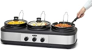 BELLA 14484 (3 x 2.5-Quart) Triple Slow Cooker with Lid Rests, Stoneware Pots, Serving Spoons and Bella Slow Cooker Recipe Book
