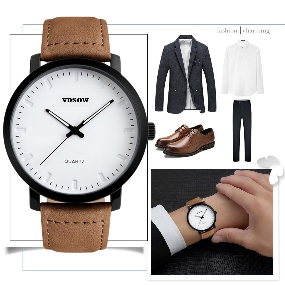 Homme poignet montres avec bracelet cuir Marron - Classic Big Face analogique montre à quartz, 3 ATM étanche Mode décontracté Business Robe montres avec date Calendrier Design Simple pour homme