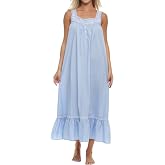 Alexander Del Rossa Women's Sleeveless Ruffled Long Cotton Nightgown | Long nightgown, soft and comfortable, with lace trim. Wear it as a sleep dress or house dress.