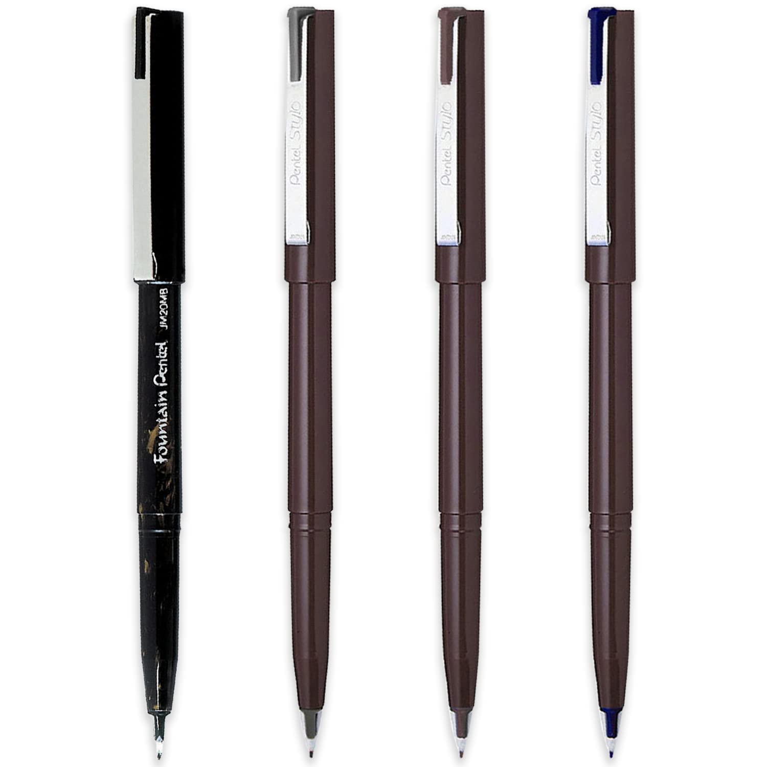 Pentel JM20 Stylo Disposable Fountain Pen – Black, Grey, Sepia & Navy Blue Ink - Pack of 4