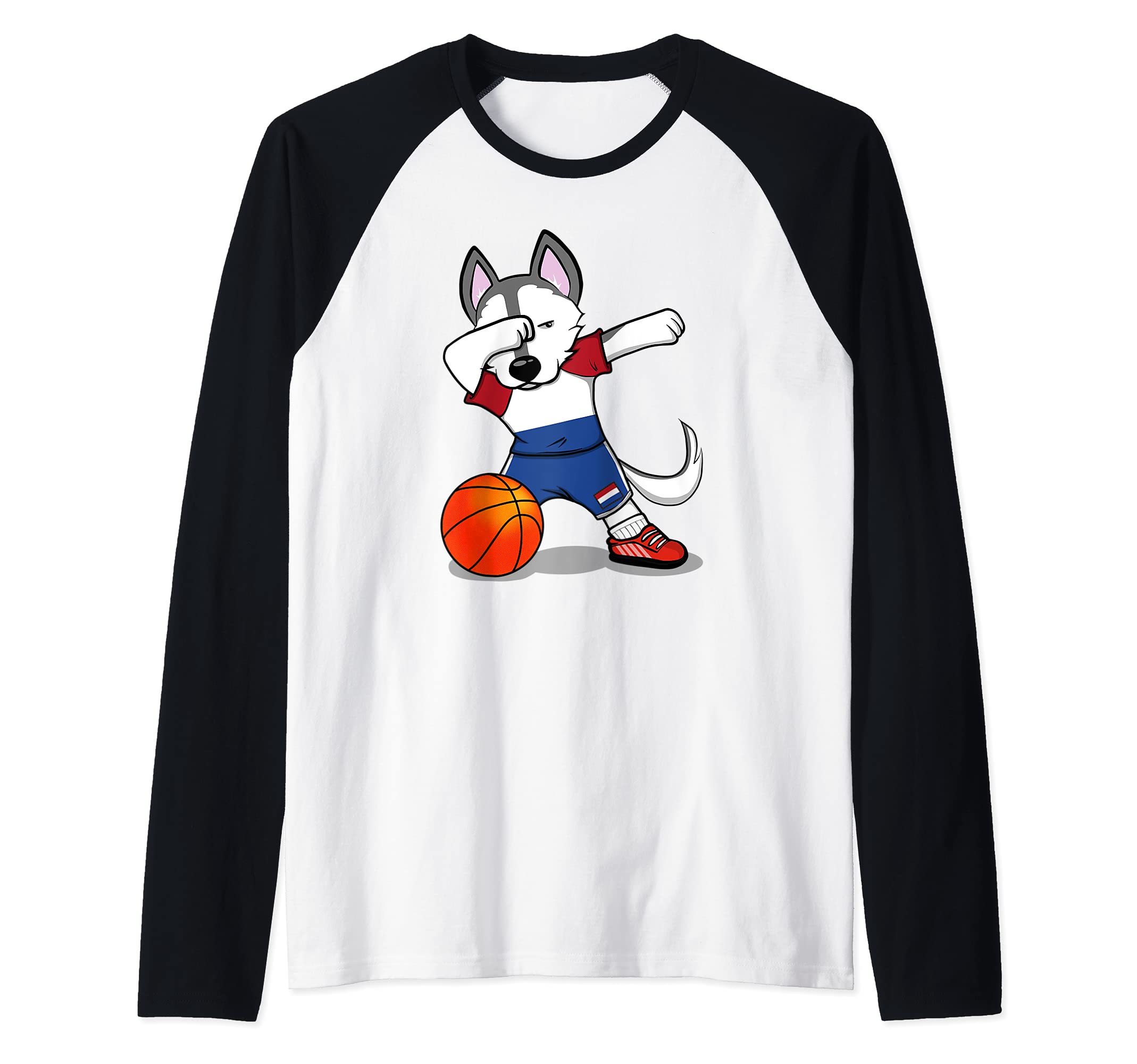 Dabbing Husky Netherlands Basketball Fans Jersey Dutch Flag Raglan Baseball Tee
