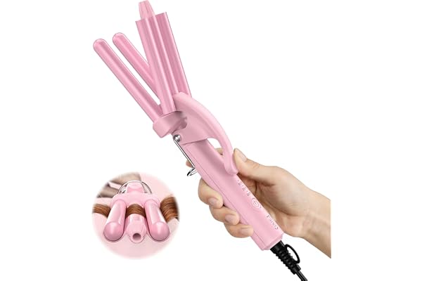 Farery Mini Hair Waver, 1/2 Inch 3 Barrel Curling Iron for Short & Long Hair, Adjustable Heat, Deep Mermaid Waves & Volume, D