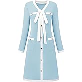 Hobemty Women's Elegant A-Line Dress Contrast Color V Neck Long Sleeve 2025 Trendy Work Dresses