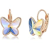 EVEVIC Austrian Crystal Butterfly Earrings Drop Leverback Earrings for Women 14K Rose Gold Plated Hypoallergenic Jewelry Gifts