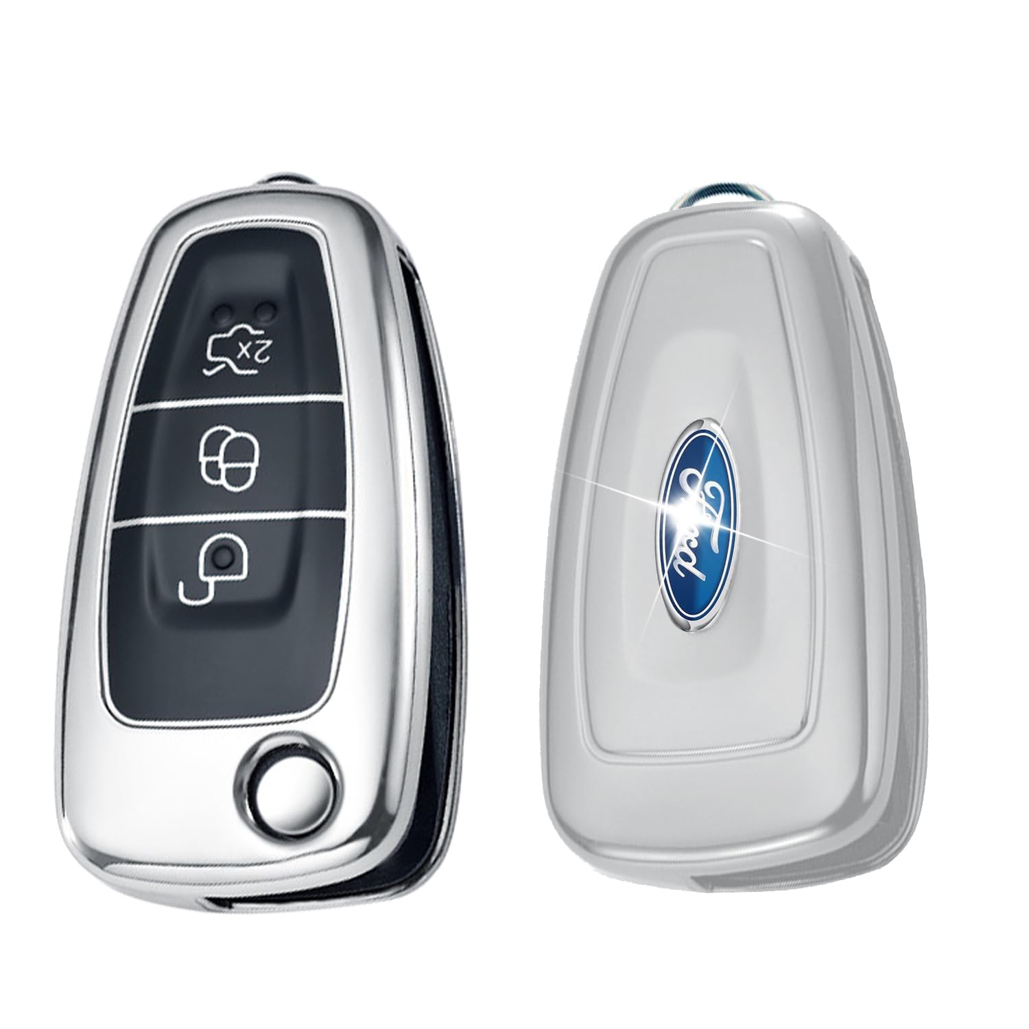 Ford Car Key and Cover for Focus, Fiesta, Kuga, Mondeo, C-Max, S-Max, Galaxy, Transit, Tourneo Custom - 3 Buttons (Silver)