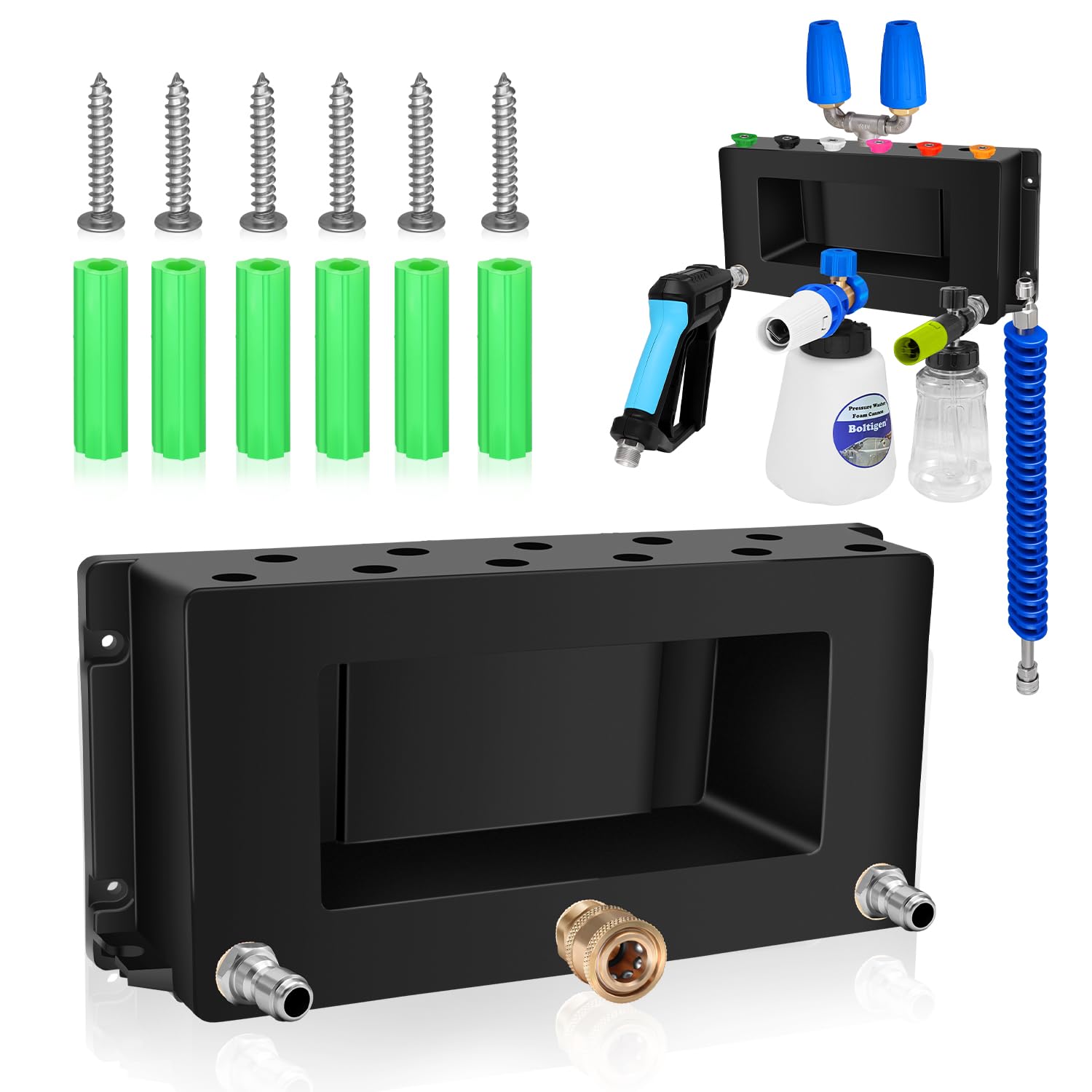 Photo 1 of Boltigen Wall Mounted Pressure Washer Gun Holder, Foam Cannon Organize Holder, Car Wash Power Washer Tip and Extension Wand Holder, 1/4'' Quick Connect Pressure Washer Accessories Storage Rack