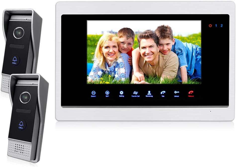 Jeatone 7 Inch Touchscreen Monitor Video Door Phone Intercom System Unlock Door Call Transfer Modern-style Home Security 1 Monitor 2 Outdoor Doorbell Camera