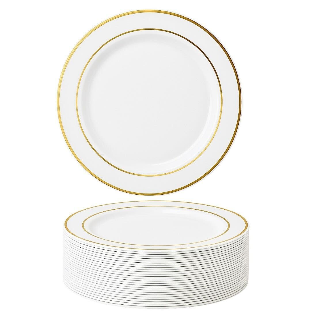 MATANA 25 Premium White Plastic Dinner Plates with Gold Rim, 26cm / 10 Inch - Elegant & Reusable Party Plates for Weddings, Birthdays, Picnic, BBQ, Parties