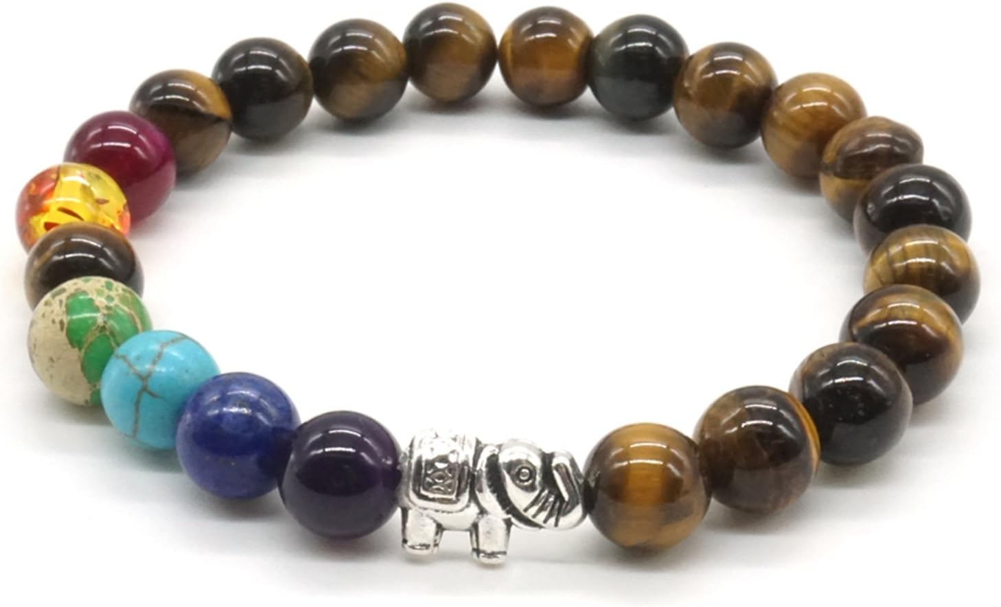 Mayting7 Chakra Tiger Eye Bracelet Natural Yoga Reiki Energy Semi-Precious Round Bead Stone - Lucky Elephant