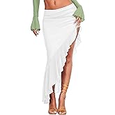 AGECODE Women's High Waisted Asymmetrical Ruched Mesh Flowy Ruffle Trim Midi Long Skirt