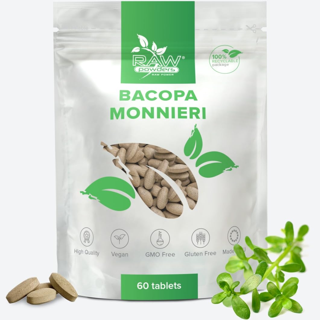Bacopa Monnieri 500 mg 60 Tablets High Strength - Cognitive Support from Brahmi Leaves Extract - Bacopa Monnieri Extract Supplement - Brain Health - Nervous System Support by Raw Powders