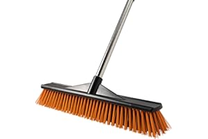 Xifando Heavy-Duty Push Broom Brush - 16" Wide, 53" Long Handle, Stiff Bristles - Perfect for Bathroom, Kitchen, Patio, Garage, Deck, Concrete, Wood, Stone, and Tile Floors (16" Black+Orange)