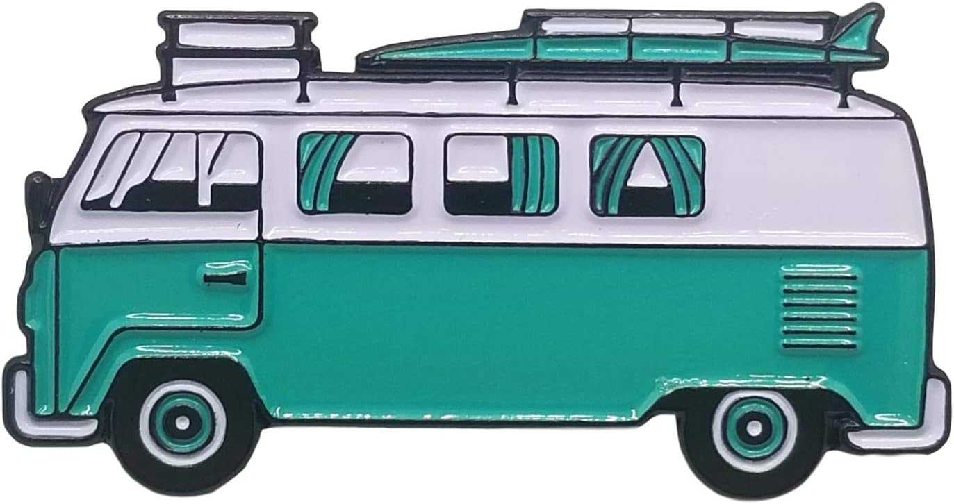 Enamel Pin- Surf Van Bus Enamel Pin Happy Camper Aqua 1.5 Inch Pins For Backpacks Hat Pins Jean Pins Cute Jackets Pins Cute Pins Enamel Pin Backs Lapel Pins Cute Jewelry