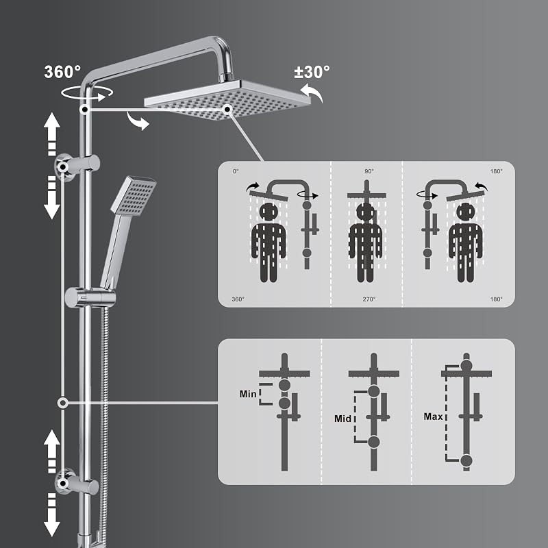Columna de Ducha Acero Inoxidable sin Grifo Thermostato, Set Ducha con Barra Altura Adjustable con Ducha Mano Alcachofa y Cabezal Rociador Lluvia ABS 20x20cm, Cromo