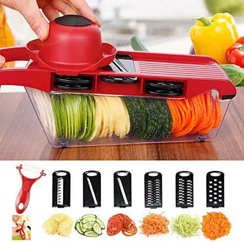 BuySevenSide Vegetable-Fruit-Cheese-Onion Slicer Cutter Chopper, 6 Interchangeable Blades with Safe Hand Guard and Peeler with Food Catch Tray, Efficient &amp; Fast