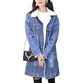 chouyatou Women's Winter Faux Fur Collar Sherpa Lined Long Denim Coat Trucker Jacket