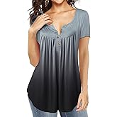 AMCLOS Womens Tie-Dye Tops V Neck Soft T-Shirts Flowy Pleats Tunic Button up Casual Blouses Summer Short Sleeve