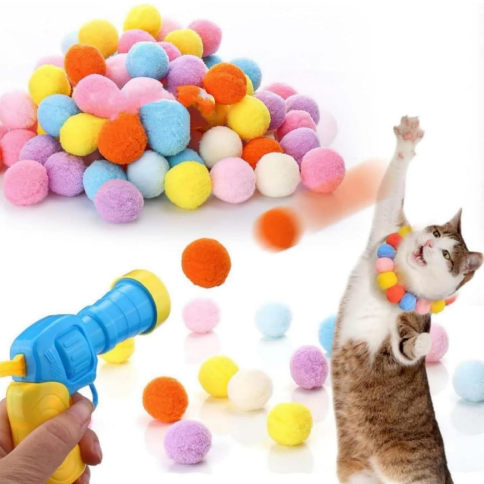 猫おもちゃ 猫ボール 猫ポンポンボール 混合色 ボールランチャー1個 おもちゃ 猫用ボール ネコストレス解消 運動不足対策 (100個入り(ランチャー*1)) の商品画像