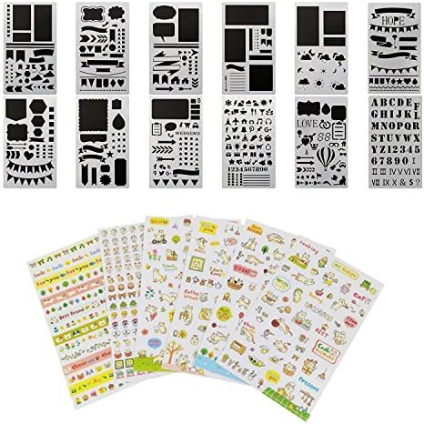18 PCS Bullet Journal Stencil &amp; Planner Stickers Set, Including 12 PCS Plastic Planner Stencils Journal/Notebook/Diary/Scrapbook Drawing Template Stencil 4x7 Inch, 6 PCS Cute Planner Stickers