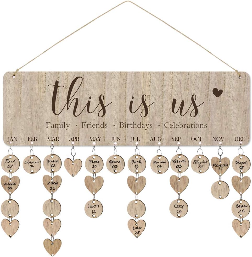 ElekFX Gifts for Mom/Grandma/Dad from Daughter/Son - DIY Wooden Family Birthday Reminder Calendar Wall Hanging, with 50 Tags Keep Track of Birthdays, Mothers/Fathers Day/Christmas Decorations(This is Us)