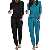 Ekouaer 2 Pack Womens Pajama Set Soft Pjs Long Sleeve Top With Jogger Pants Lounge Sets Sleepwear Loungewear with Pockets