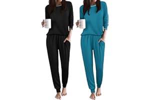 Ekouaer 2 Pack Womens Pajama Set Soft Pjs Long Sleeve Top With Jogger Pants Lounge Sets Sleepwear Loungewear with Pockets