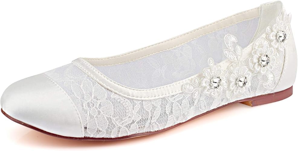 Emily Bridal Lace Wedding Shoes Flat Ivory Pumps Round Slip On