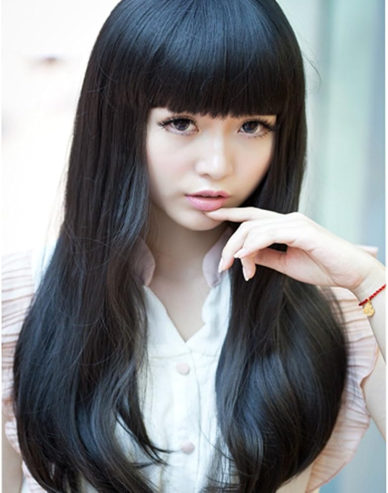 Amazon Hsg 黒髪でも可愛い重め 女性ロングストレート フルウィッグ クールフェミニン小顔 個性的 パッツン前髪 素敵な女の子に大変身 耐熱かつら 自然なつむじ フルウィッグ 通販