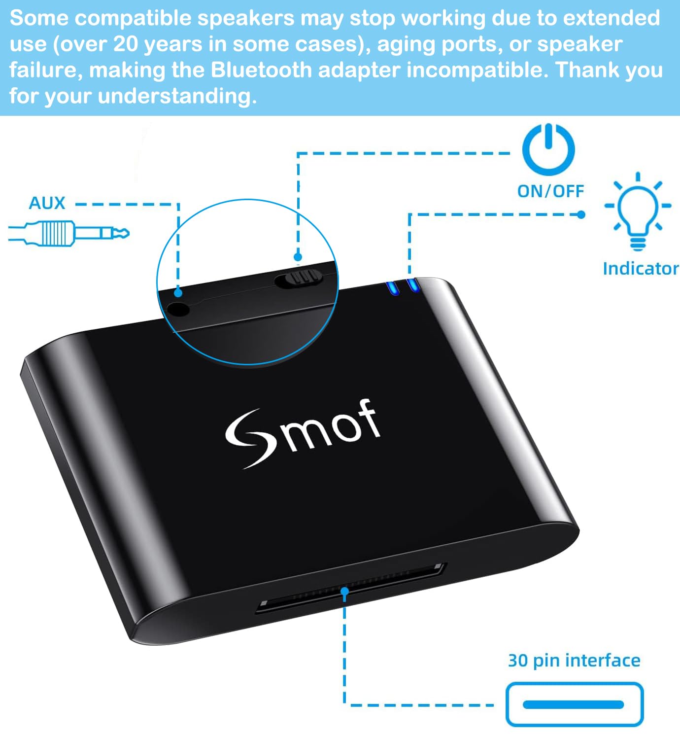 Smof 30 Pin Bluetooth Adapter Receiver for Bose Sounddock iPod iPhone Music Docking Station and Other 30 Pin Dock Speakers Bluetooth Audio Receiver with 3.5 mm Audio Cable (Not for Car or Motorcycle)