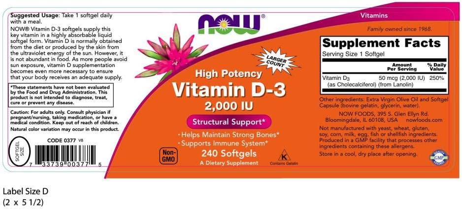 NOW Foods Supplements, Vitamin D-3 2,000 IU, High Potency, Structural Support, 240 Softgels: Health & Personal Care
