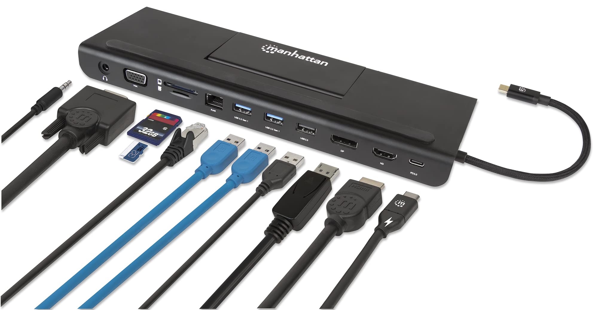 Manhattan USB-C Dock/Hub with Card Reader and MST, Ports (x9): Audio 3.5mm, DisplayPort, Ethernet, HDMI, USB-A (x3), USB-C and VGA, With Power Delivery to USB-C Port (100W), Cable 20cm, Black — image 1
