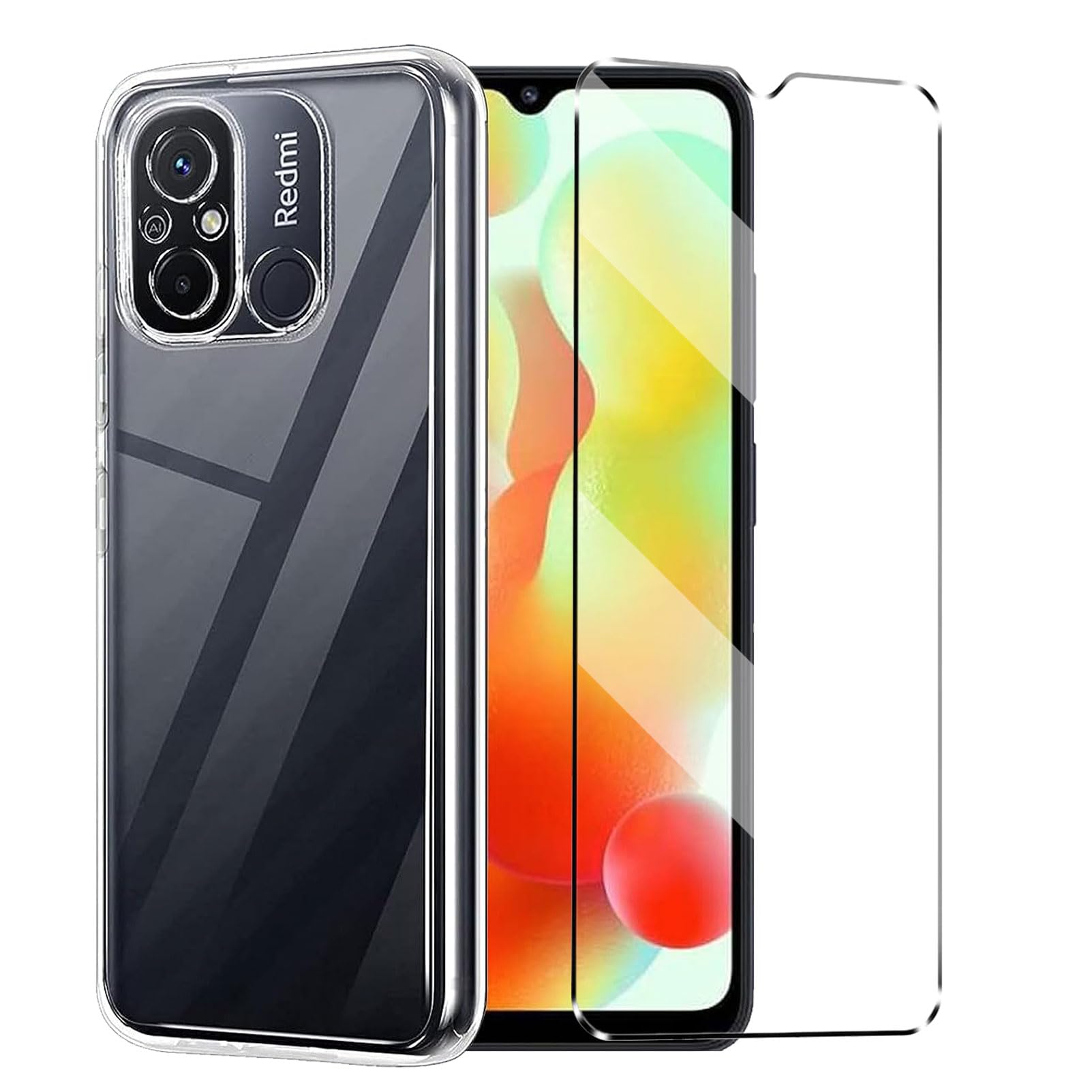 [2 in 1] Case Compatible with Redmi 12C Cover with 1 Pack Tempered Glass Screen Protector for Redmi 12C, Slim Fit Soft TPU Shockproof Anti-Scratch Phone Case Cover - Clear