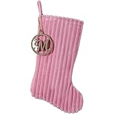 Pxniy 19.5 Inch Embossed Stripe Christmas Stocking,Personalized Xmas Stocking with Gold Wooden Initial Monogram,Fireplace Christmas Party Decoration and Xmas Gift(Pink,Letter M)