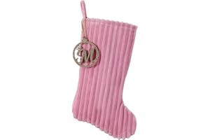 Pxniy 19.5 Inch Embossed Stripe Christmas Stocking,Personalized Xmas Stocking with Gold Wooden Initial Monogram,Fireplace Christmas Party Decoration and Xmas Gift(Pink,Letter M)