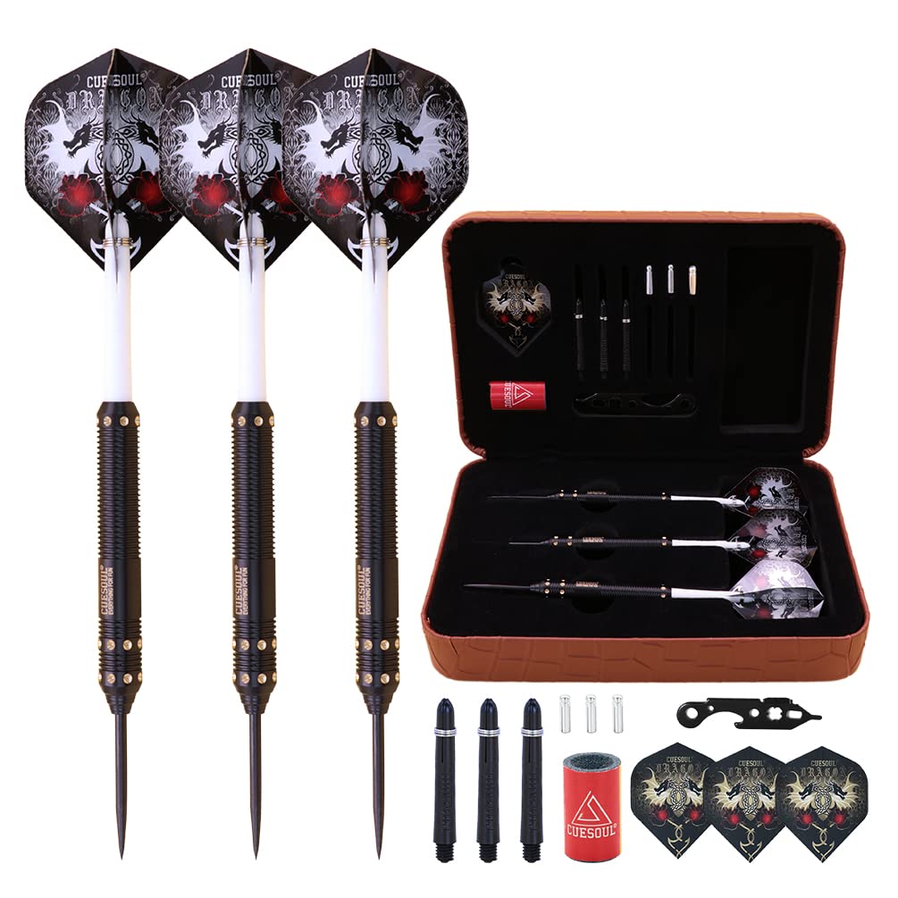 CUESOUL Dragon Series 23 Grams Professional Steel Tip Darts Set Brass Barrels Shockproof Deluxe PU Carry Case Nylon Shafts Well Balanced (JL-SL-J2104L)