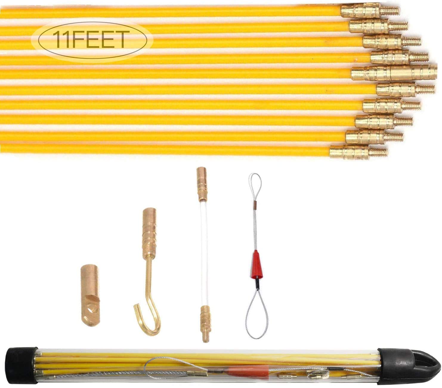 11' Fiberglass Electrical Connectable Fish Tape Pull Kit, Cable Rod Set with Hook and Hole Kit in Transparent Tube (Yellow, 10Rods x 33cm)