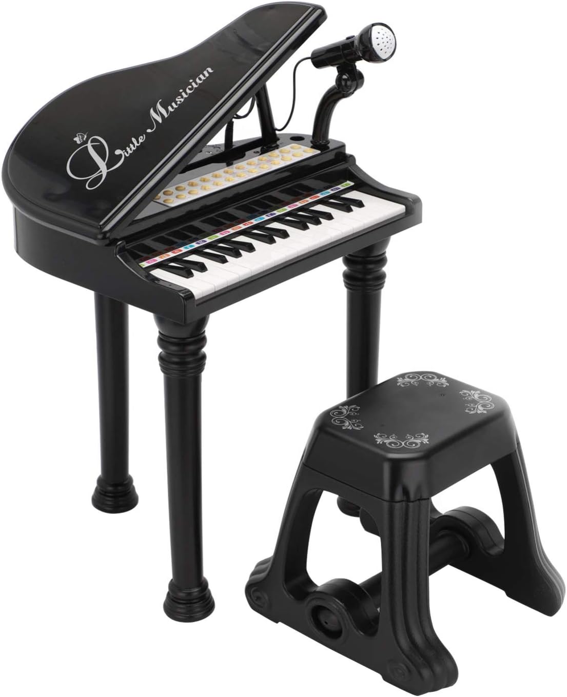 Xpork Piano Keyboard Toy for Kids Grand Piano Toy with Stool Multifunctional Electronic Toy for Children Musical Instruments for Toddlers Black