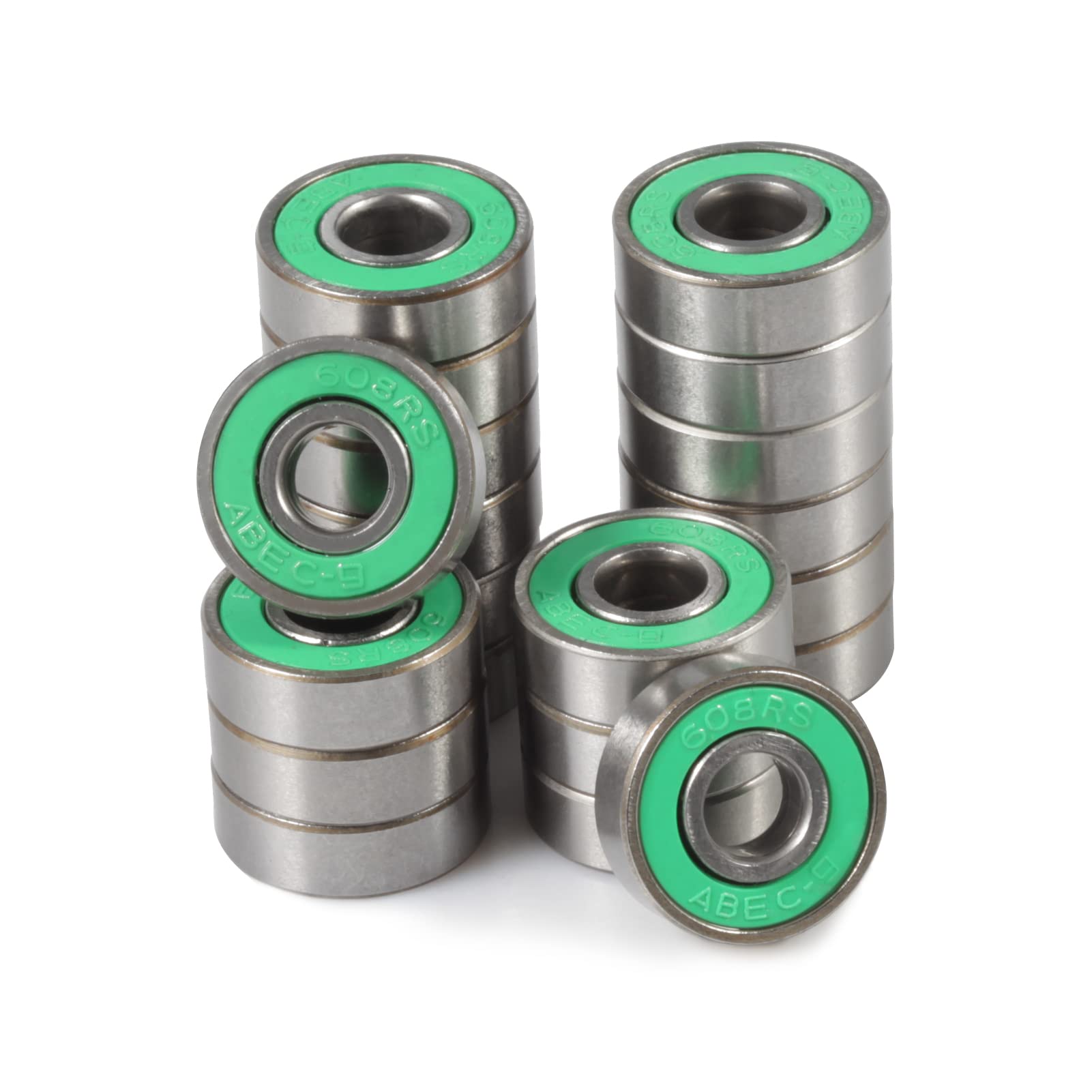 SPEEDWOX 20 Pcs Skateboard Ball Bearings 608 2RS Double Rubber Seal Miniature Bearings Carbon Steel Deep Groove Bearings for Skateboard Longboard Roller Skate Fidget Spinner, Green 8x22x7mm