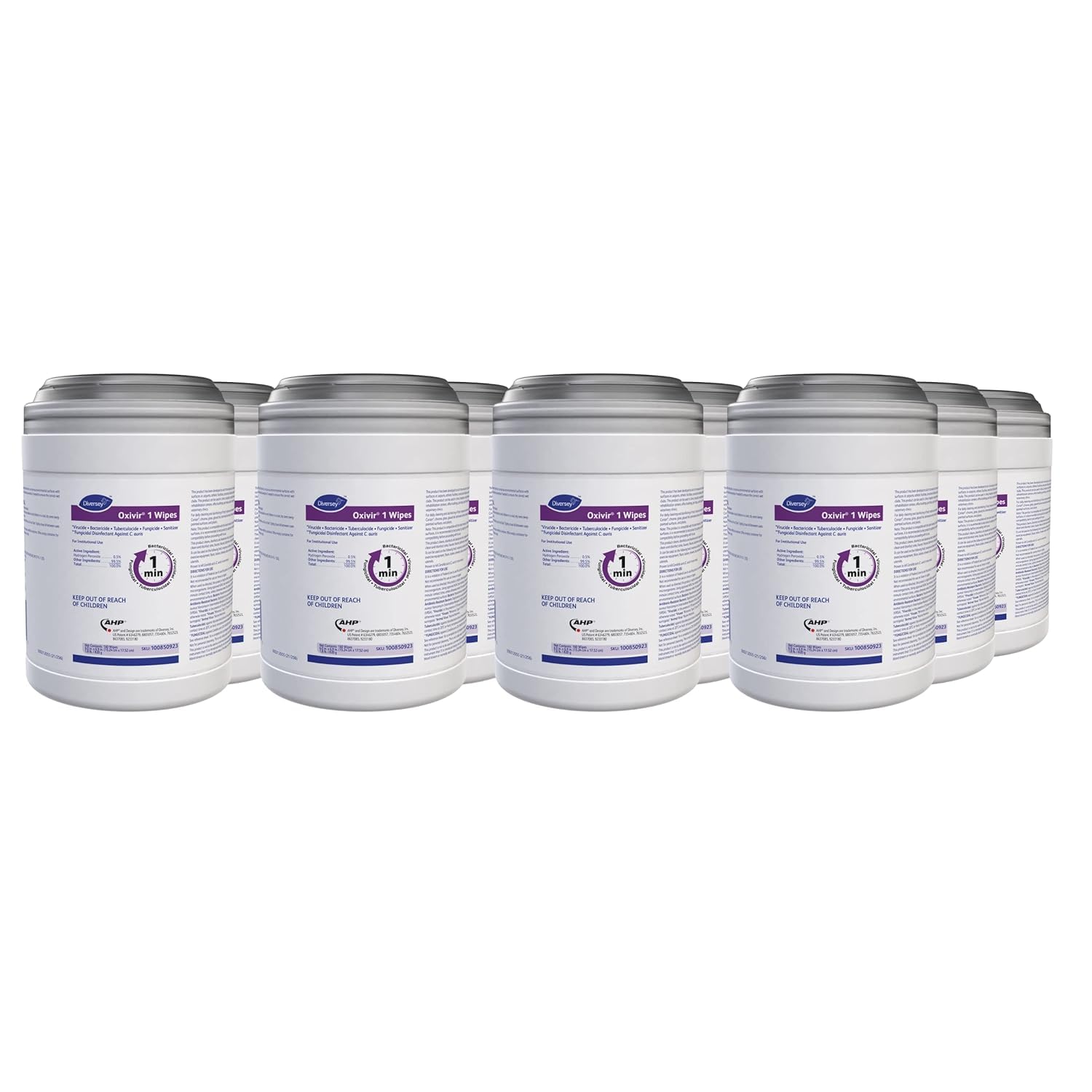 Photo 1 of Oxivir Diversey 1 100850923 Disinfectant Cleaning Wipes, Pre-Moistened with Accelerated Hydrogen Peroxide AHP, Unscented, 160 Standard 6x7-Inch Wipes, 1-Canister (Pack of 12)